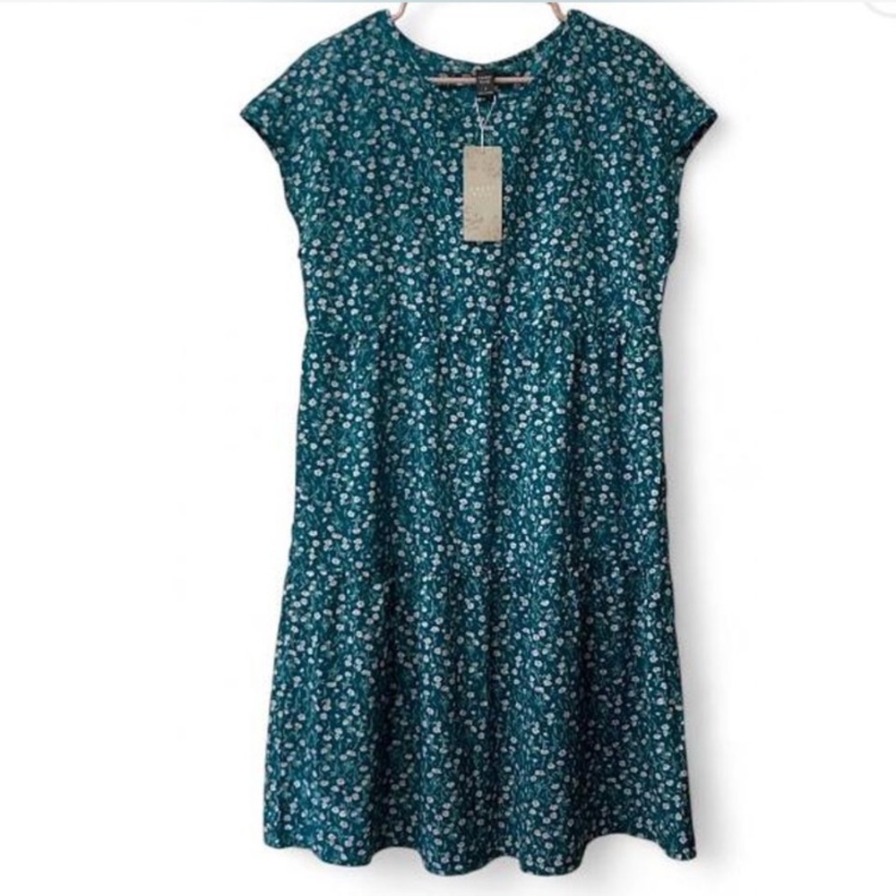 Women’s Teal Floral Mini Dress - Casual Cap Sleeve